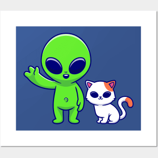 Cute Alien with Cat Cartoon Posters and Art